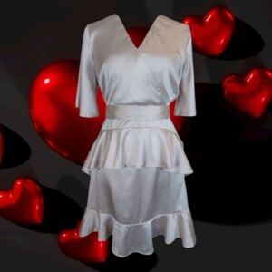 Altar’d State Champagne Short Flutter Sleeve Satin Ruffle Mini Dress Size M